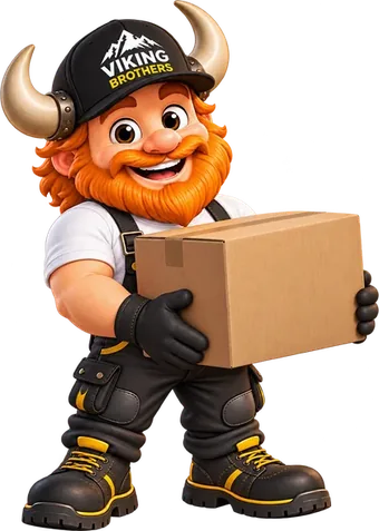 Maskot Viking Brothers nese stěhovací krabici