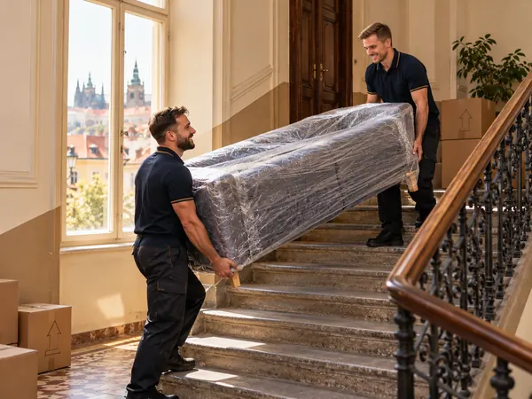 Stěhováci Viking Brothers nesou zabalenou pohovku po schodišti činžovního domu