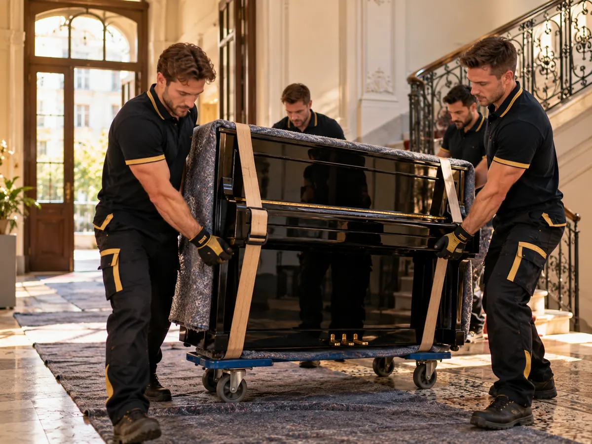Stěhováci převážejí piano na pojízdném podvozku s popruhy